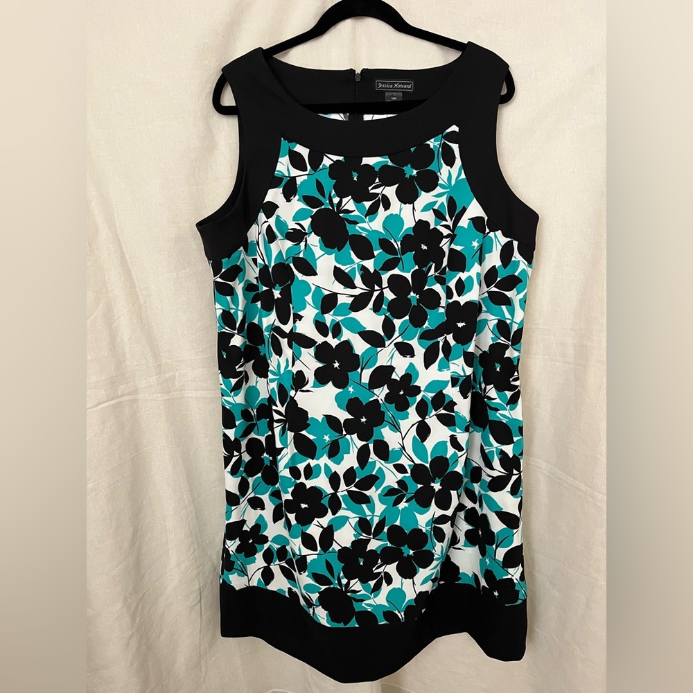 Jessica Howard Dress - Floral Print - Teal, Black and White - size 18W